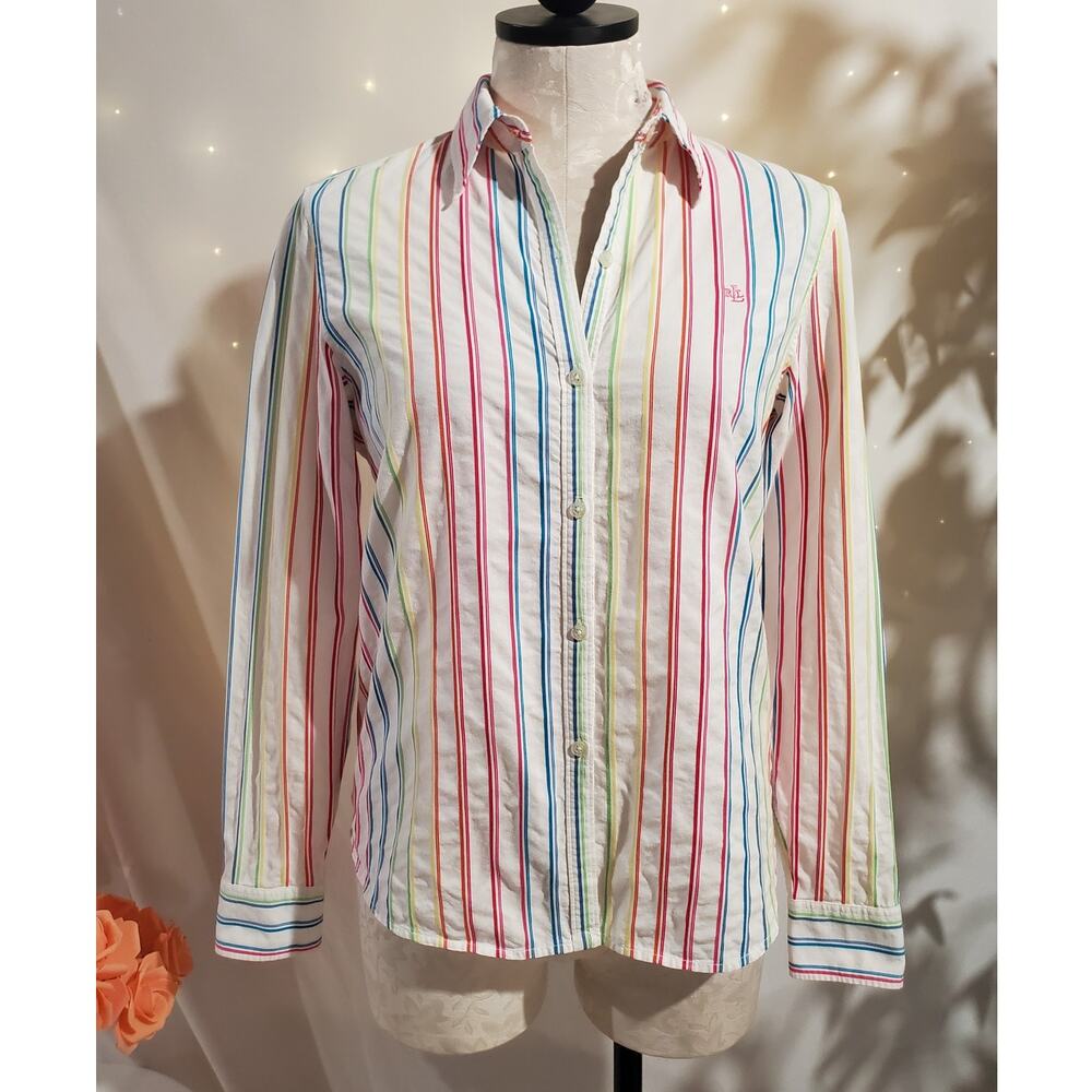 Lauren Ralph Lauren Womens Rainbow Stripe Button Shirt Size MP Career Pride Work